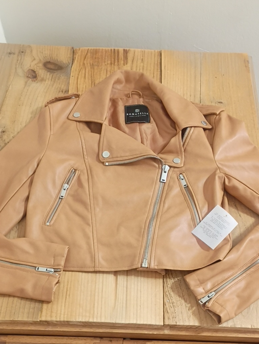 Bagatelle Brown Asymmetrical Zip Moto Faux Leather Jacket Size S NWT